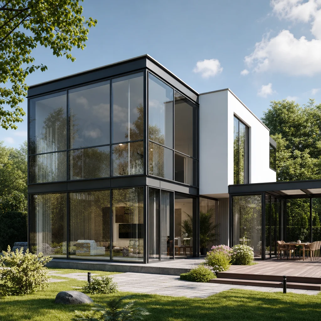 Стиль «Хай-тек»: структурный стеклянный фасад с антрацитовыми рамами отражает летнее небо
