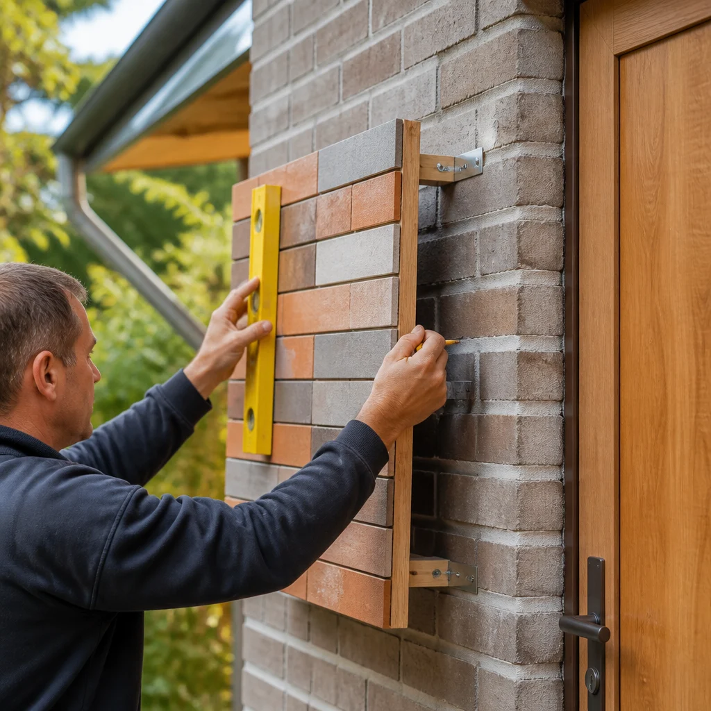 Примеряем экран к стене и размечаем отверстия для навески.