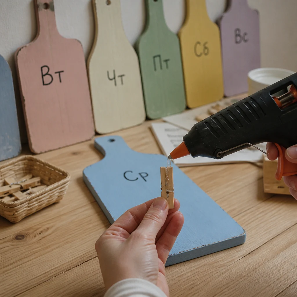 Приклеивание прищепки клеевым пистолетом
