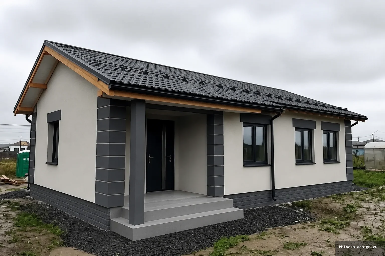 House exterior · европейский стиль , антрацитовый цоколь , углы дома и входная группа . Добавь темно-серые (Скандинавский цвет) перемычки между окнами