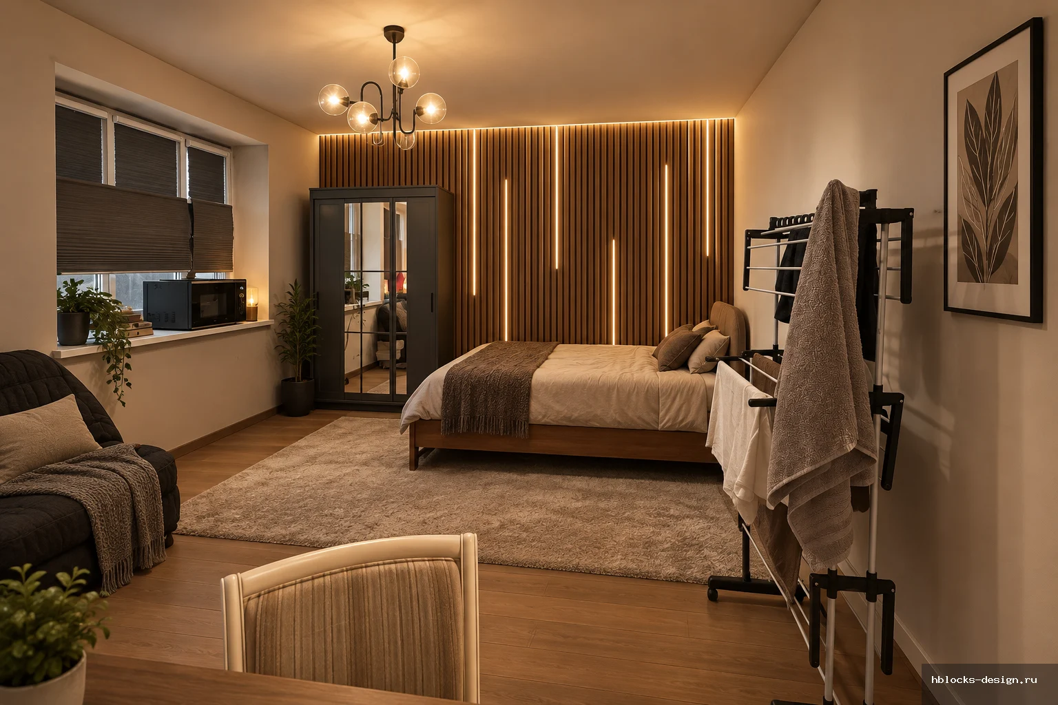Bedroom · Лаунж
Дополнительно: Сделать акцентную стену по референсу, остальные поверхности оставить нейтральными.
Инструкция по референсам: Сделать акцентную стену по референсу, остальные поверхности оставить нейтральными.