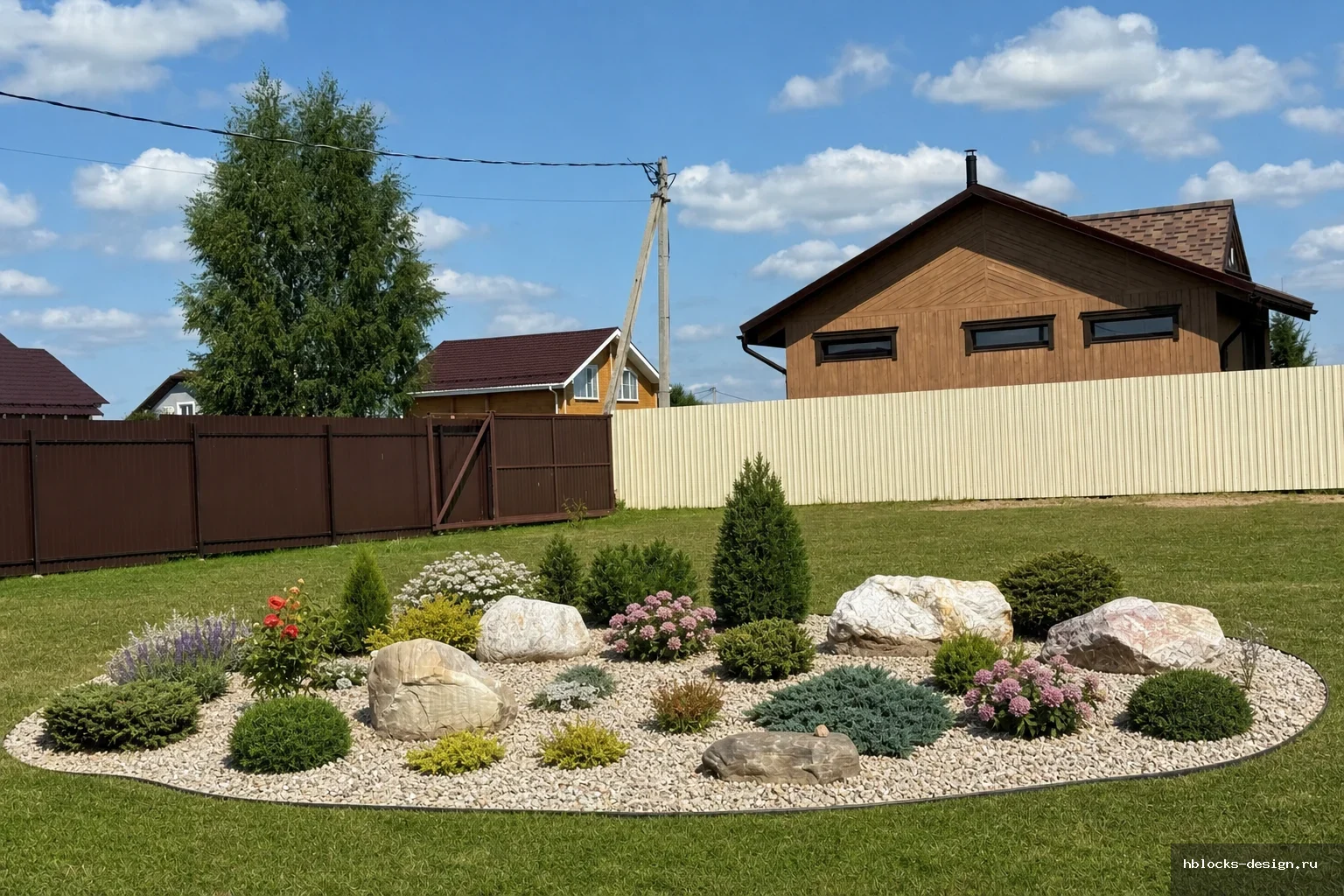 Outdoor garden · Каменистый сад (рокарий)

Референсы (1): 1) «клумба2.jpg».
Инструкция по референсам: Делаем клумбу с большими камнями, которые есть на фото. Площадь клумбы покрываем светлым гравием. Можжевельники пытаемся оставить на месте, если получится. ПОдбираем е