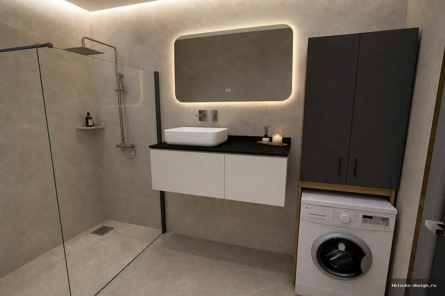 Bath room · Минимализм

Элементы: Отделка: матовый натяжной потолок, скрытая LED-подсветка потолка, крупноформатный керамогранит на стенах, пол из керамогранита, система теплого пола

Дополнительно: Создай реалистичную отделку стен ванной комнаты

Инструкция по